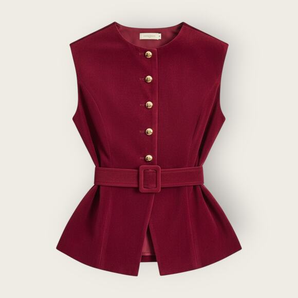 Commense Tops - Commense Red Suede Belted Vest Gold Button Tailored Top NWT - S Parisian Chic